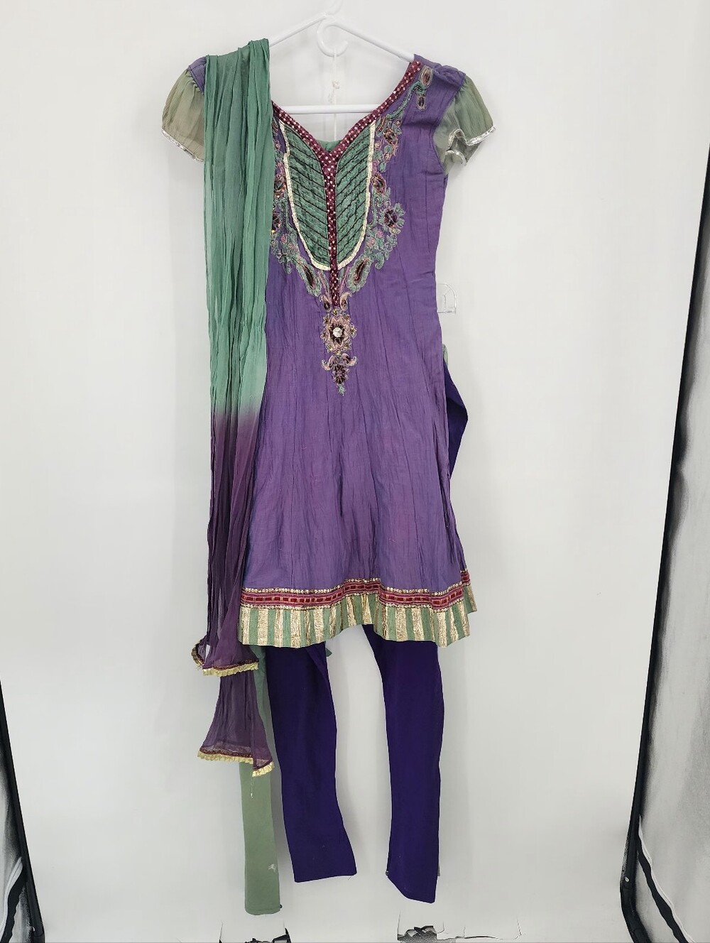 Girls Purple & Green Embellished Anarkali Dress with Dupatta